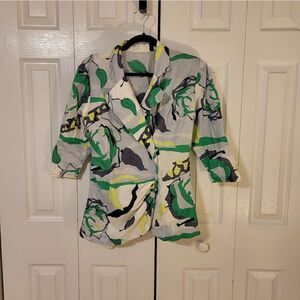 NWT Community snap button-down half sleeve green/white/yellow design blouse